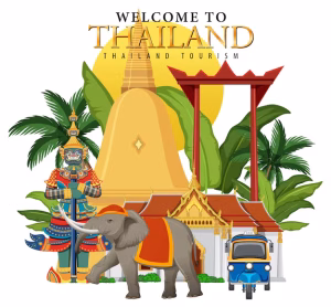 image shows an illustrated banner saying, welcome to Thailand