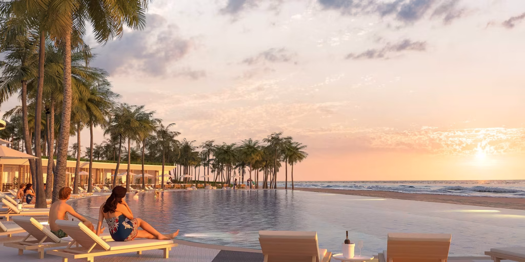 Beachfront pool villa terrace overlooking the turquoise waters of Cam Ranh Bay, Khanh Hoa Province, south-central Vietnam
